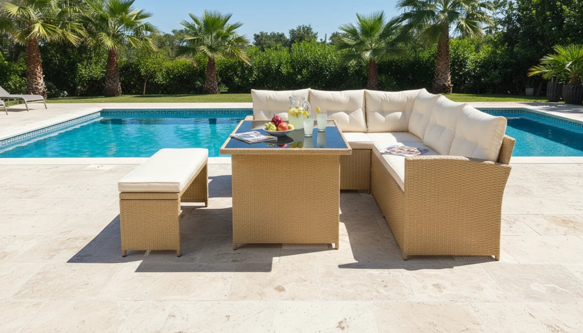Bahamas Corner Lounge Patio Set - Brown with Beige Cushions