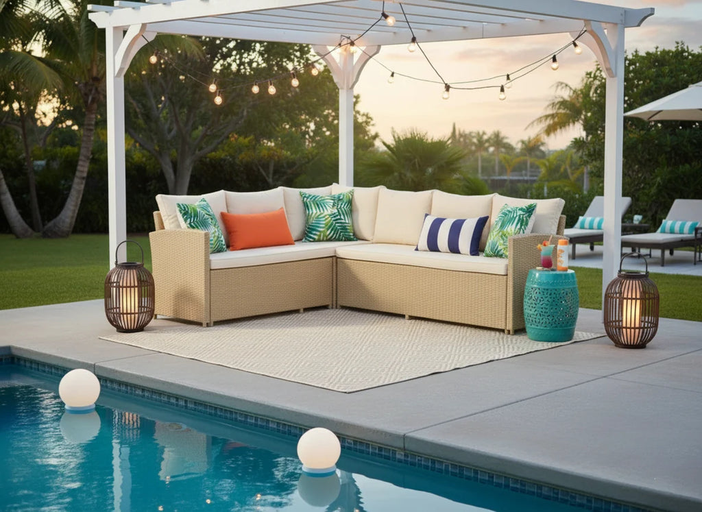 Bahamas Corner Lounge Patio Set - Brown with Beige Cushions