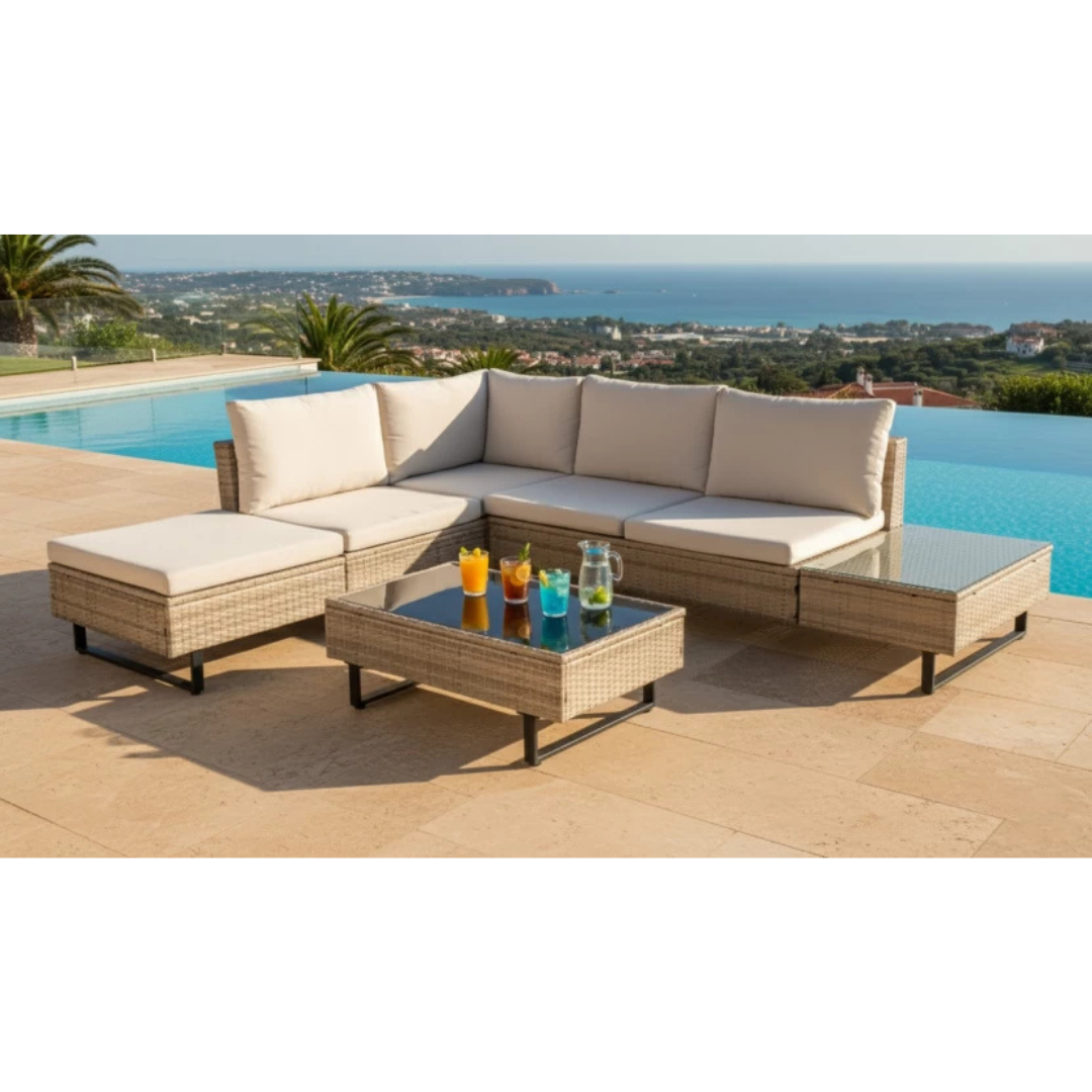 Cyprus Corner Lounge Patio Set - Brown with Light Grey Cushions