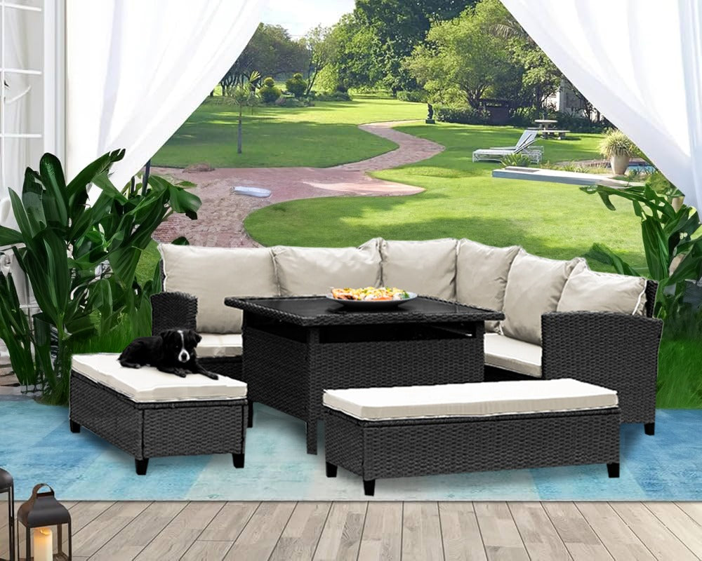 Barbados Corner Lounge - Black /Beige Cushions