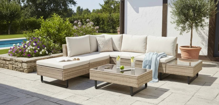 Cyprus Corner Lounge Patio Set - Brown with Light Grey Cushions